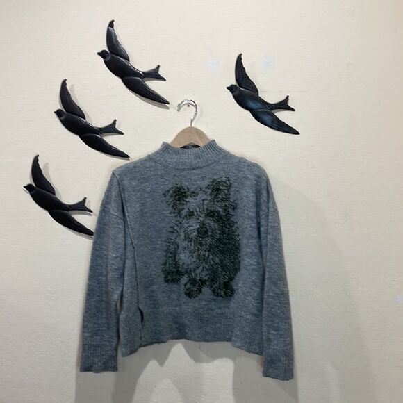 Anthropologie MOTH Gray with Green Scottie Dog Wool Blend Mock Neck Sweater ~ SP - Picture 8 of 11